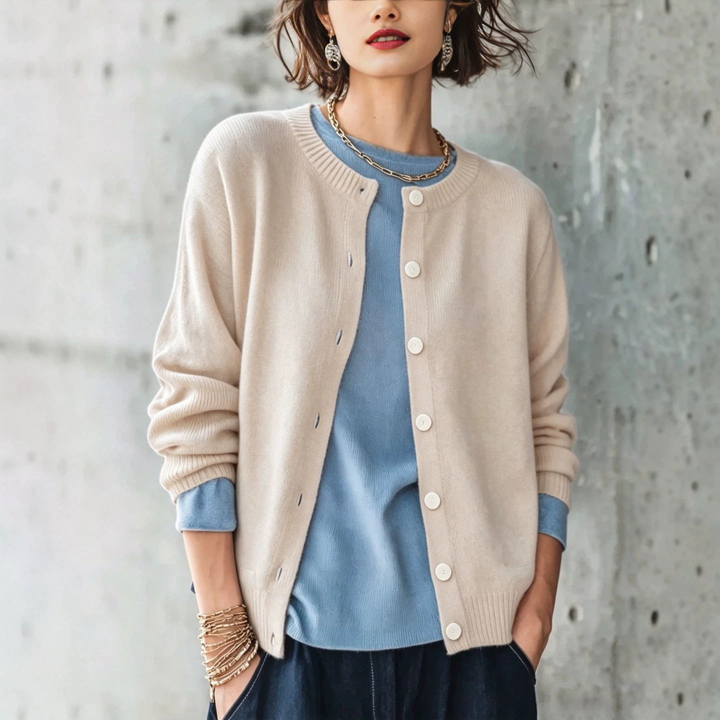 Women's Solid Crewneck Knit Cardigan Long Sleeve Button Casual Sweater Coat