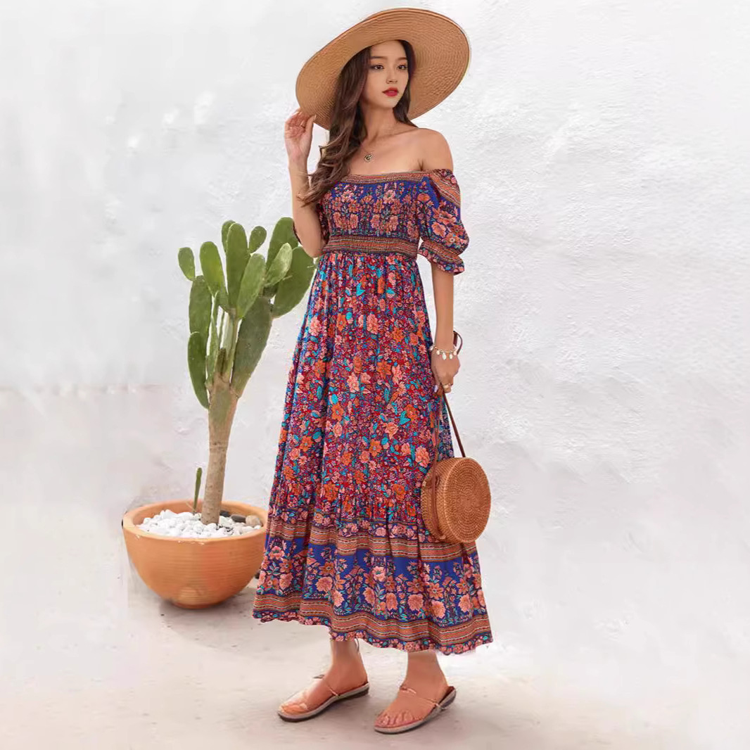 Boho Off-Shoulder Puff Sleeve Ruffle Maxi Dress