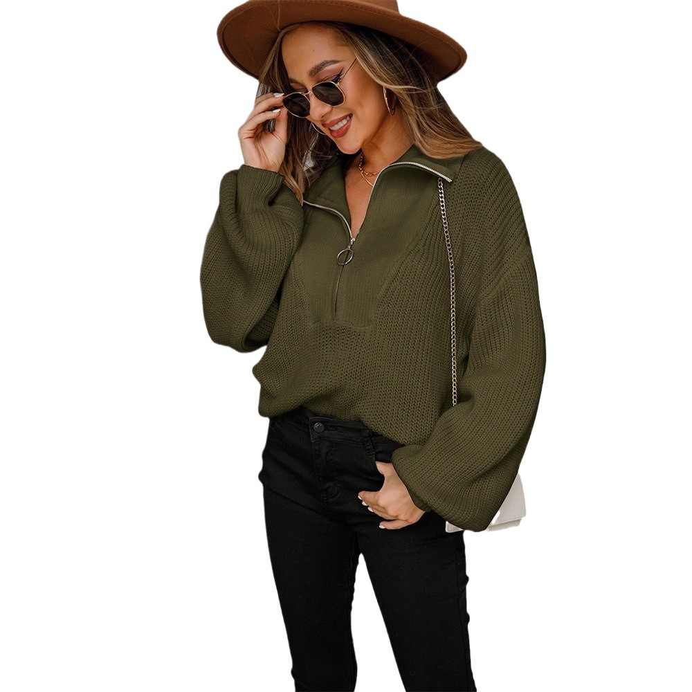 Women's Zip-Up Knit Sweater with Collar, Solid Color, Loose Fit
