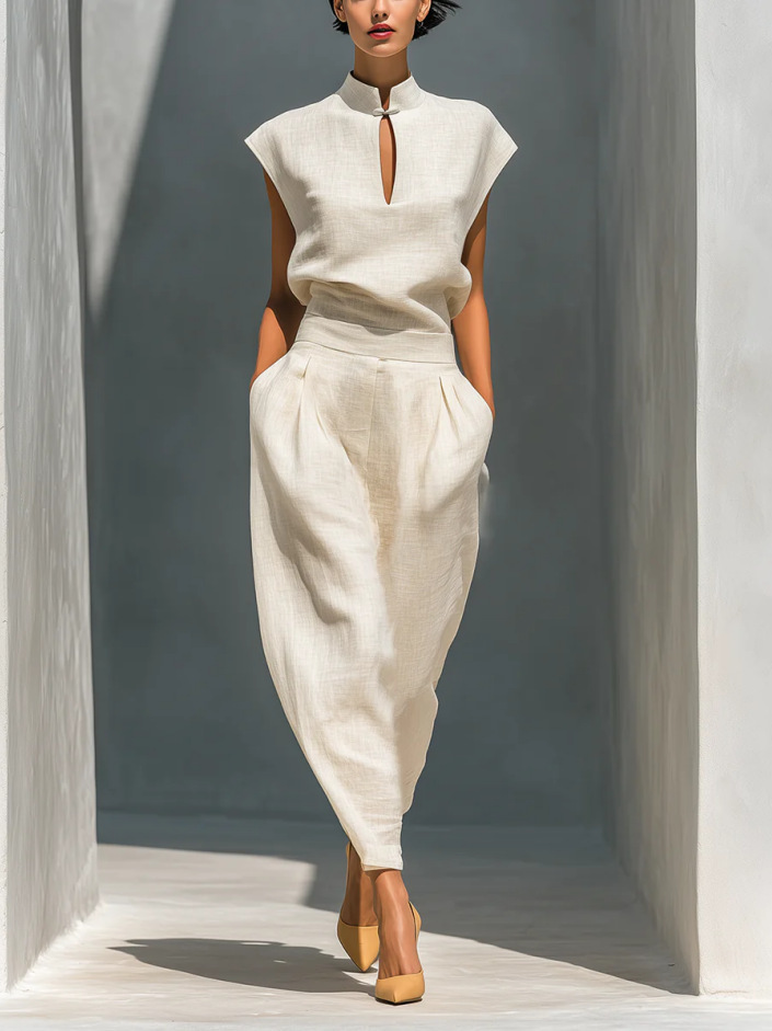 Elegant Women's Stand-Collar Cutout Top and High-Waist Barrel Pants Set