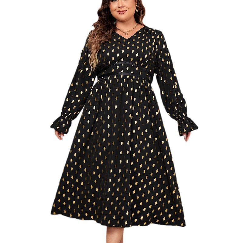 Polka Dot V-Neck Long Sleeve High Waist Maxi Dress