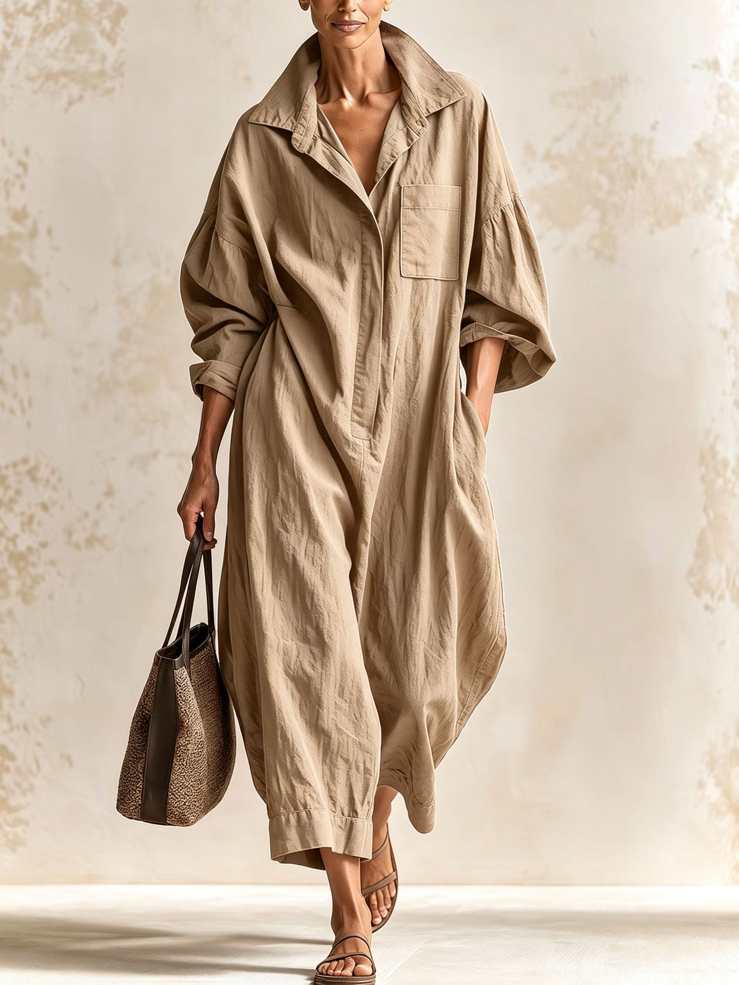 Cotton-Linen Collared Long-Sleeve Wide-Leg Jumpsuit