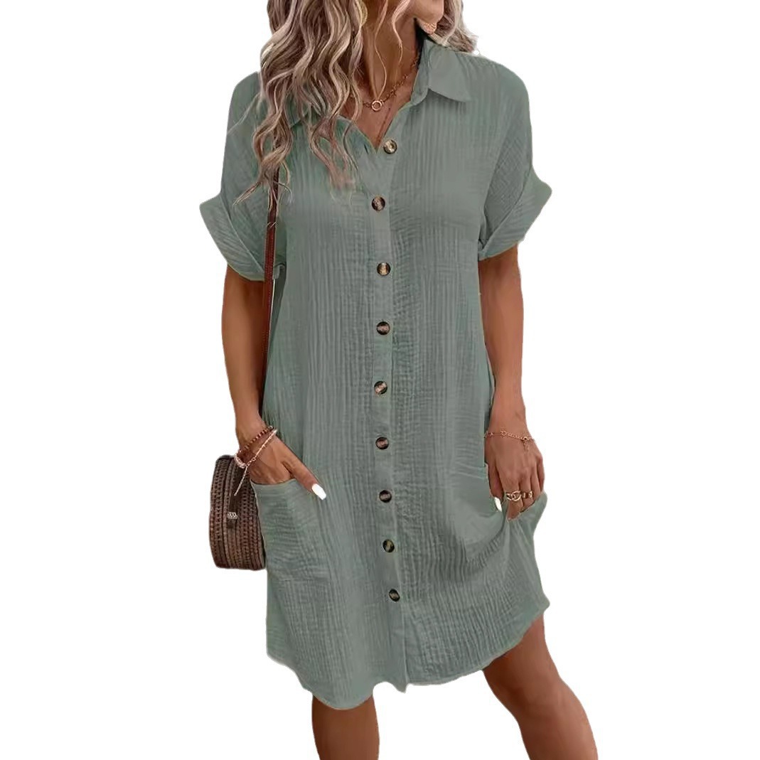 V-Neck Button Cotton-Linen Shirt Dress Women's Casual Vacation Dress