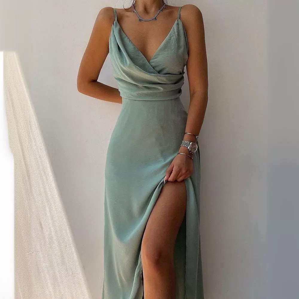 Sexy V-Neck Cami Dress with Slit Slim Fit