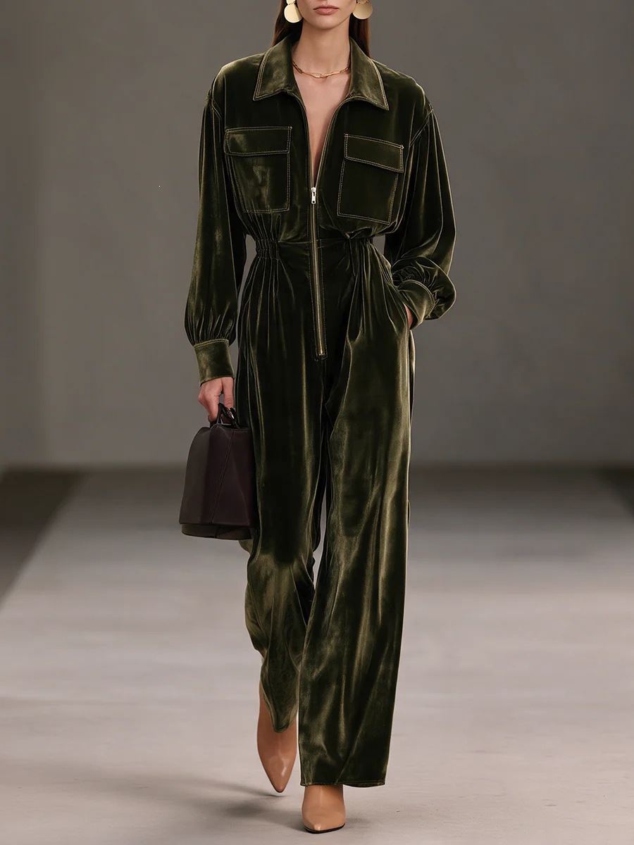 Gold Velvet Jumpsuit with Collar, Lantern Sleeves, Elastic Waist, Wide Leg