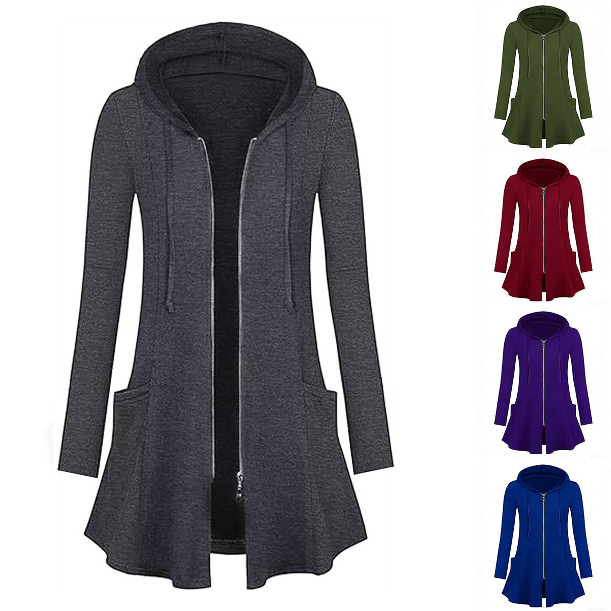 Women's Casual Zip-Up Hooded Mid-Length Sweatshirt Jacket