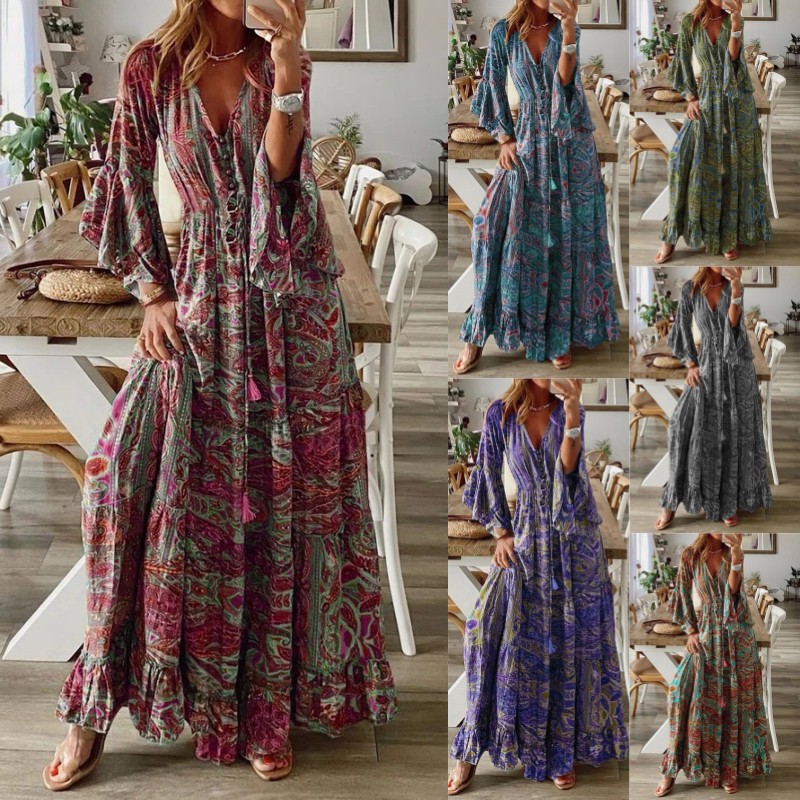 Bohemian Floral Print V-Neck High-Waist Flare-Sleeve Maxi Dress