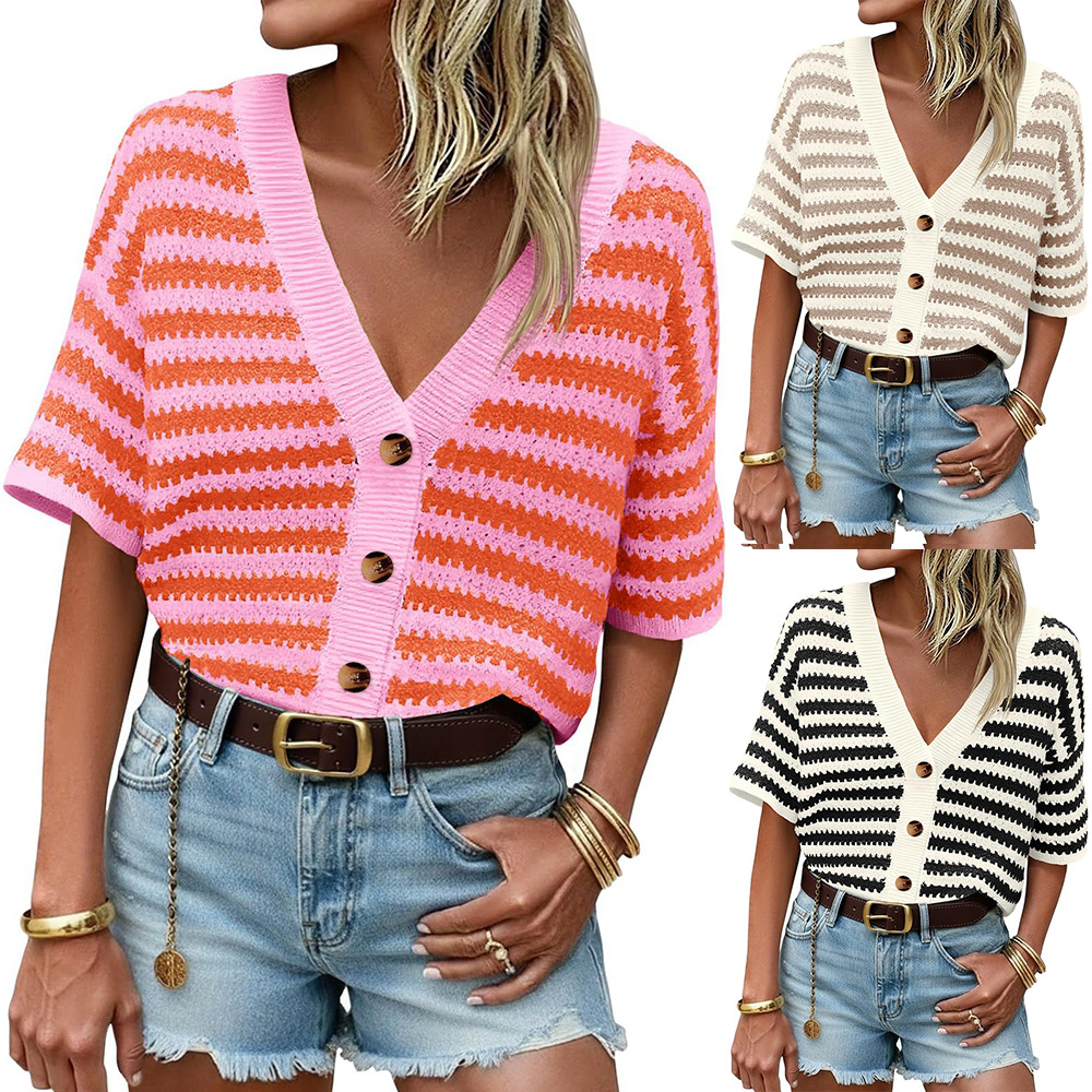 V-Neck Striped Knit Cardigan Short Sleeve Hollow-Out Casual Top