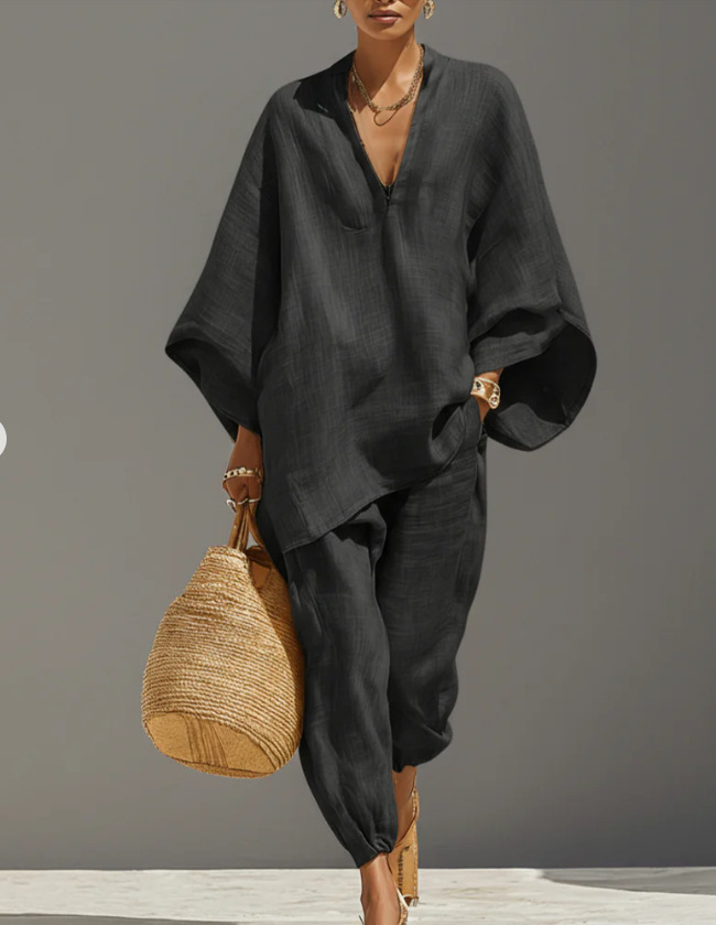 Women's Casual Loose Solid Color Shirt and Pants Set