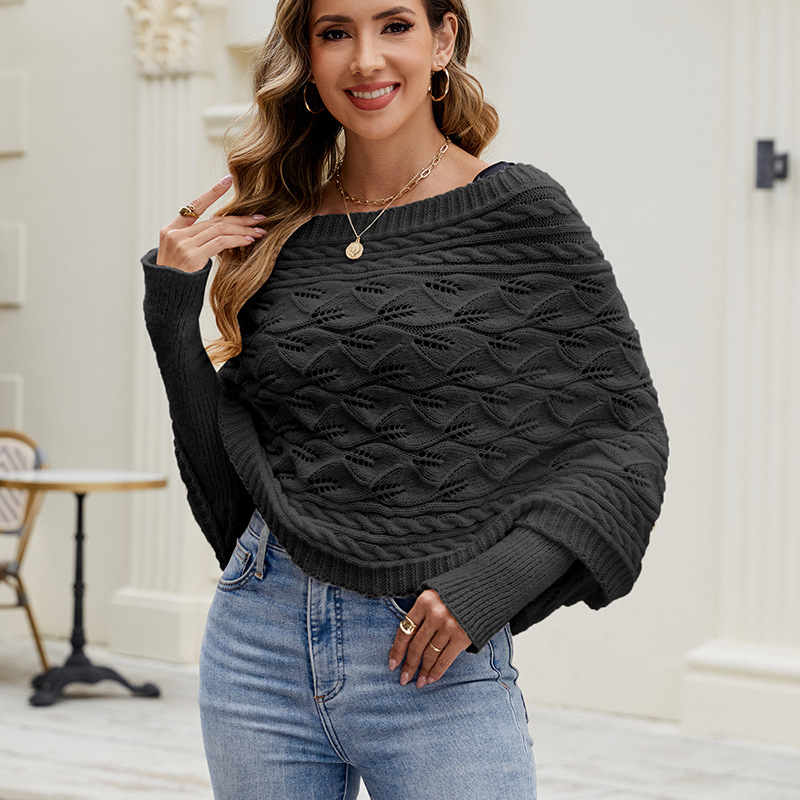 Women's Casual Knit Batwing Sleeve Hollow-Out Poncho Sweater
