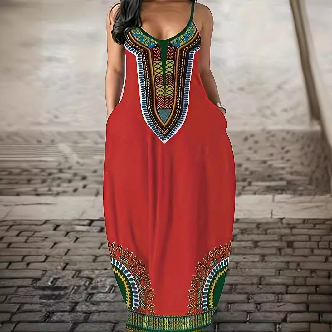 Women's High Waist V-Neck Sleeveless Maxi Dress with 3D Digital Print