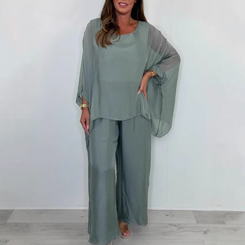 Women's Loose Chiffon Long Sleeve Top & Wide Leg Pants Casual Set