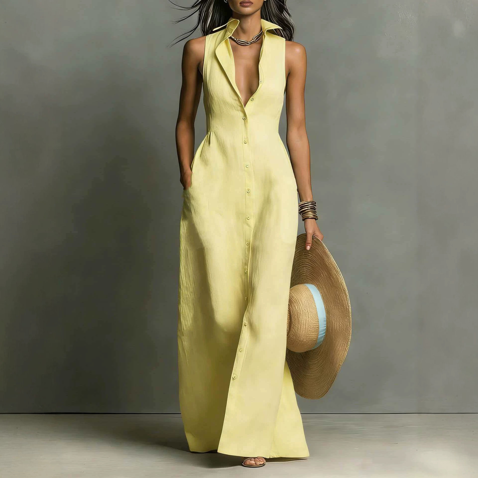 Solid V-Neck Sleeveless Shirt Dress