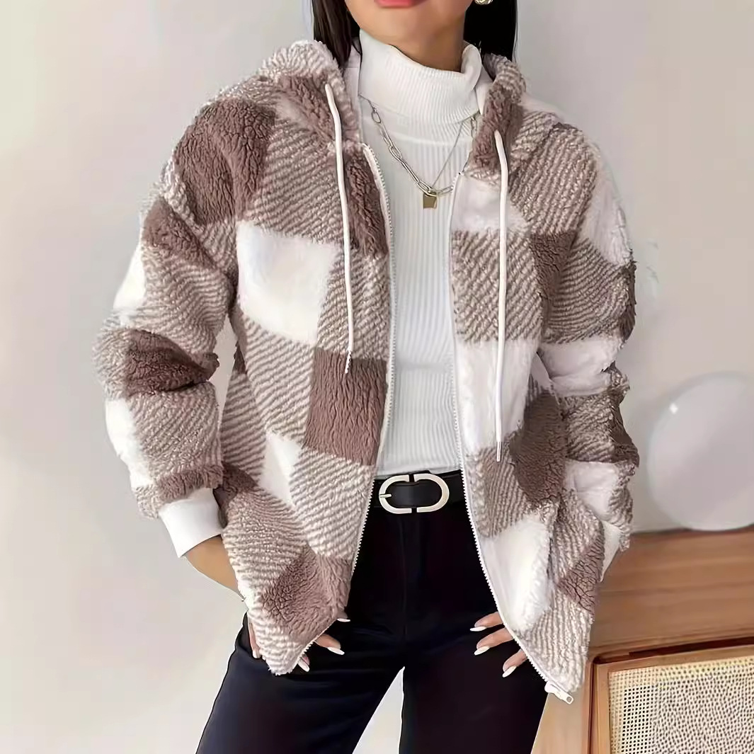 Plaid Hooded Zip Cardigan Faux Fur Loose Long Sleeve Jacket