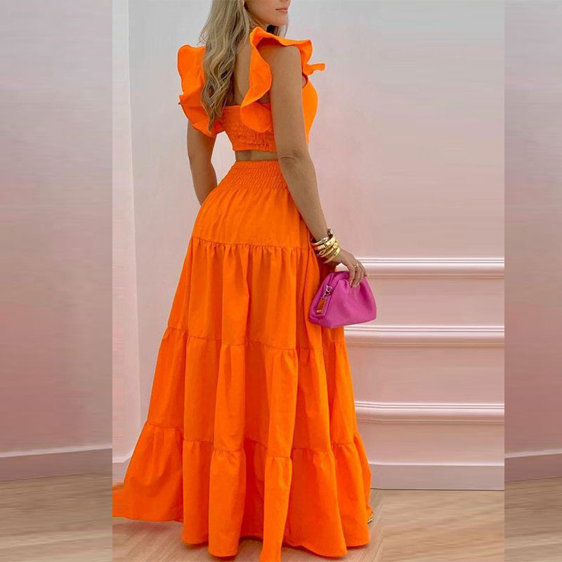 Women's Short Sleeve Top and Solid Midi Skirt Two-Piece Set