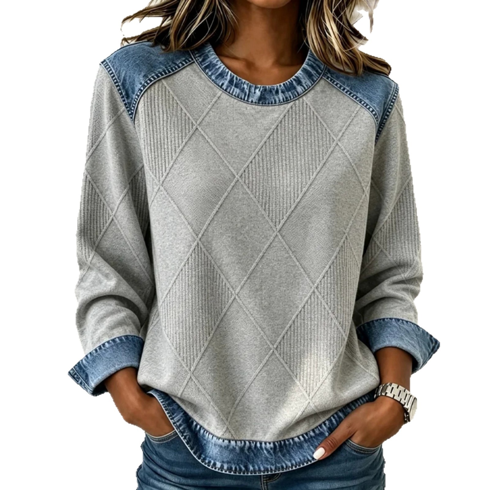Women's Plaid Line Diamond Print Casual Sweatshirt