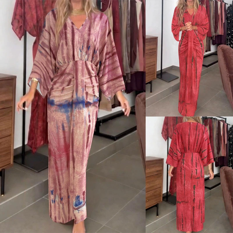 Boho Tie-Dye V-Neck Batwing Sleeve Maxi Dress