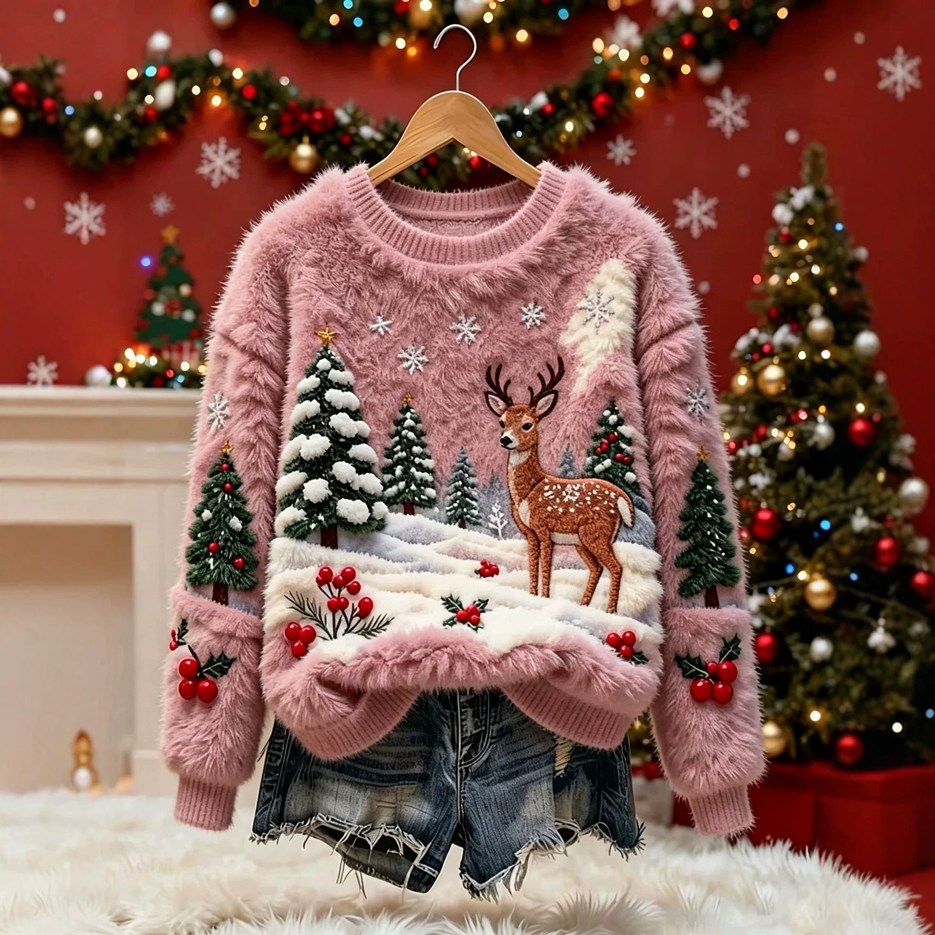 Christmas Reindeer Print Long-Sleeve Pullover Fleece Sweatshirt