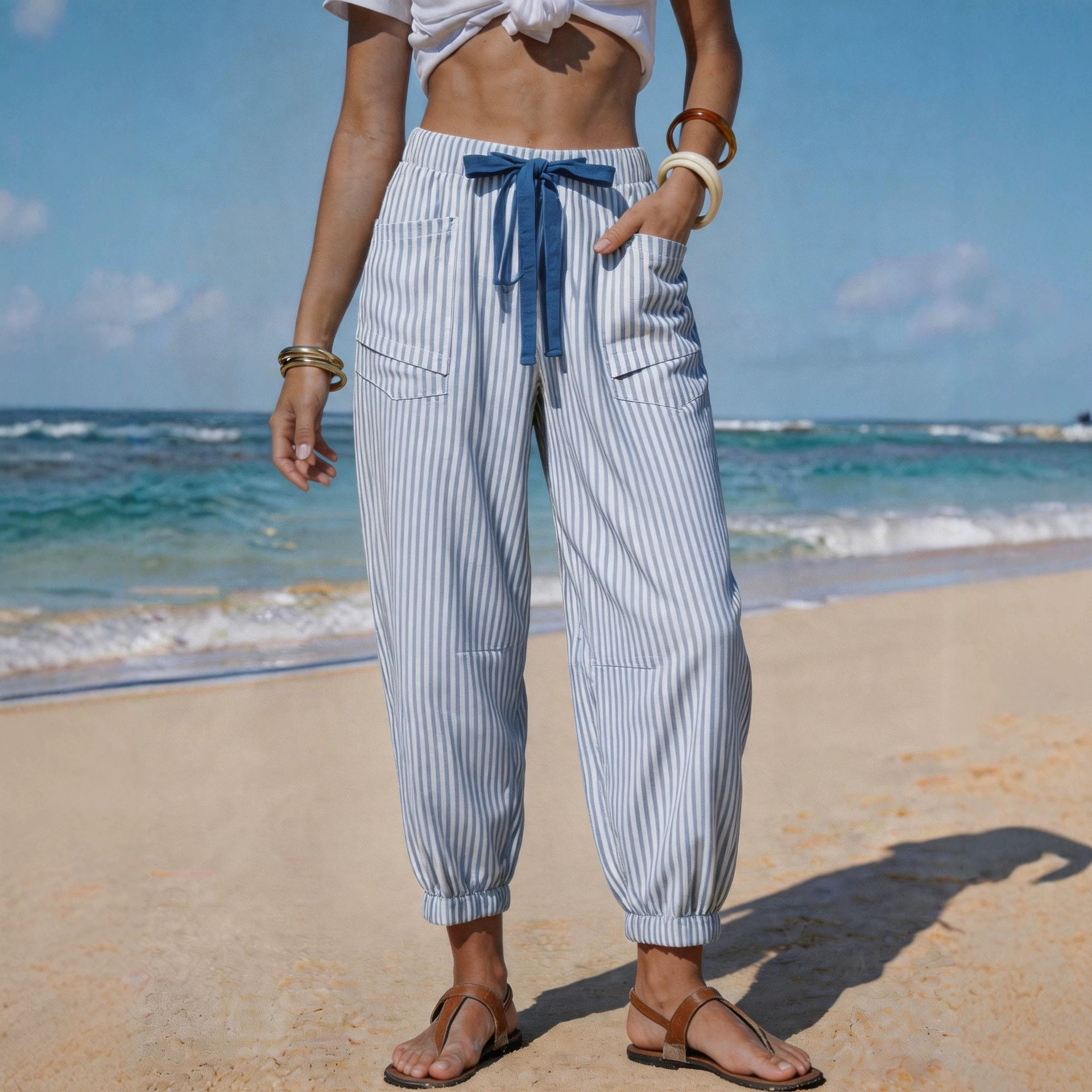 Women's Striped Linen-Like Cropped Pants with Drawstring and Pockets