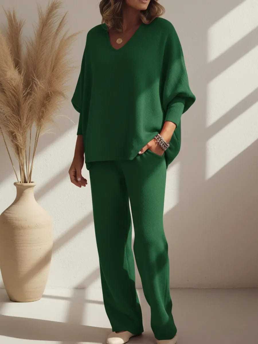 V-Neck Long Sleeve Knit Top and Pants Lounge Set for Women
