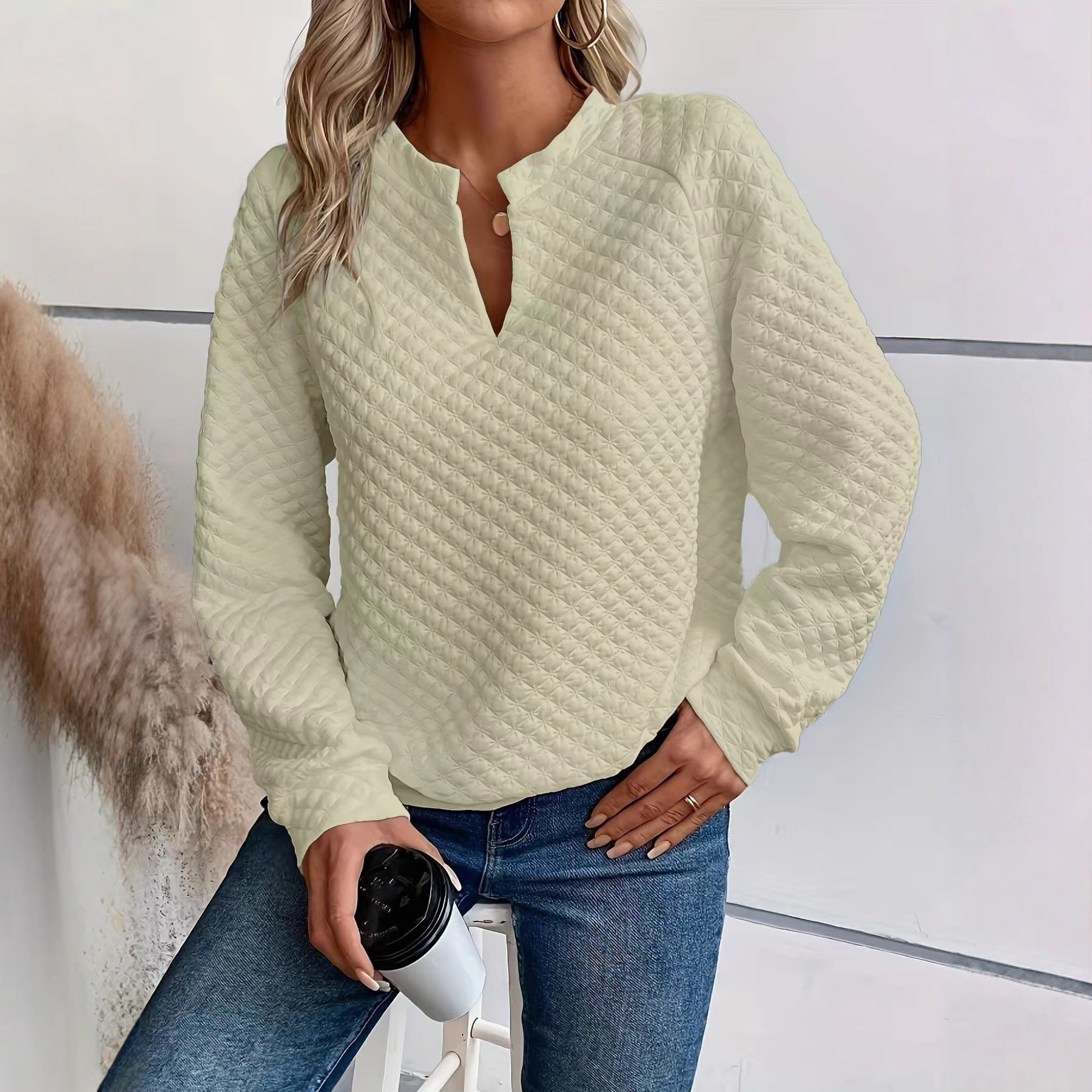 Women's Solid Color Deep V-Neck Long Sleeve Casual Sweatshirt