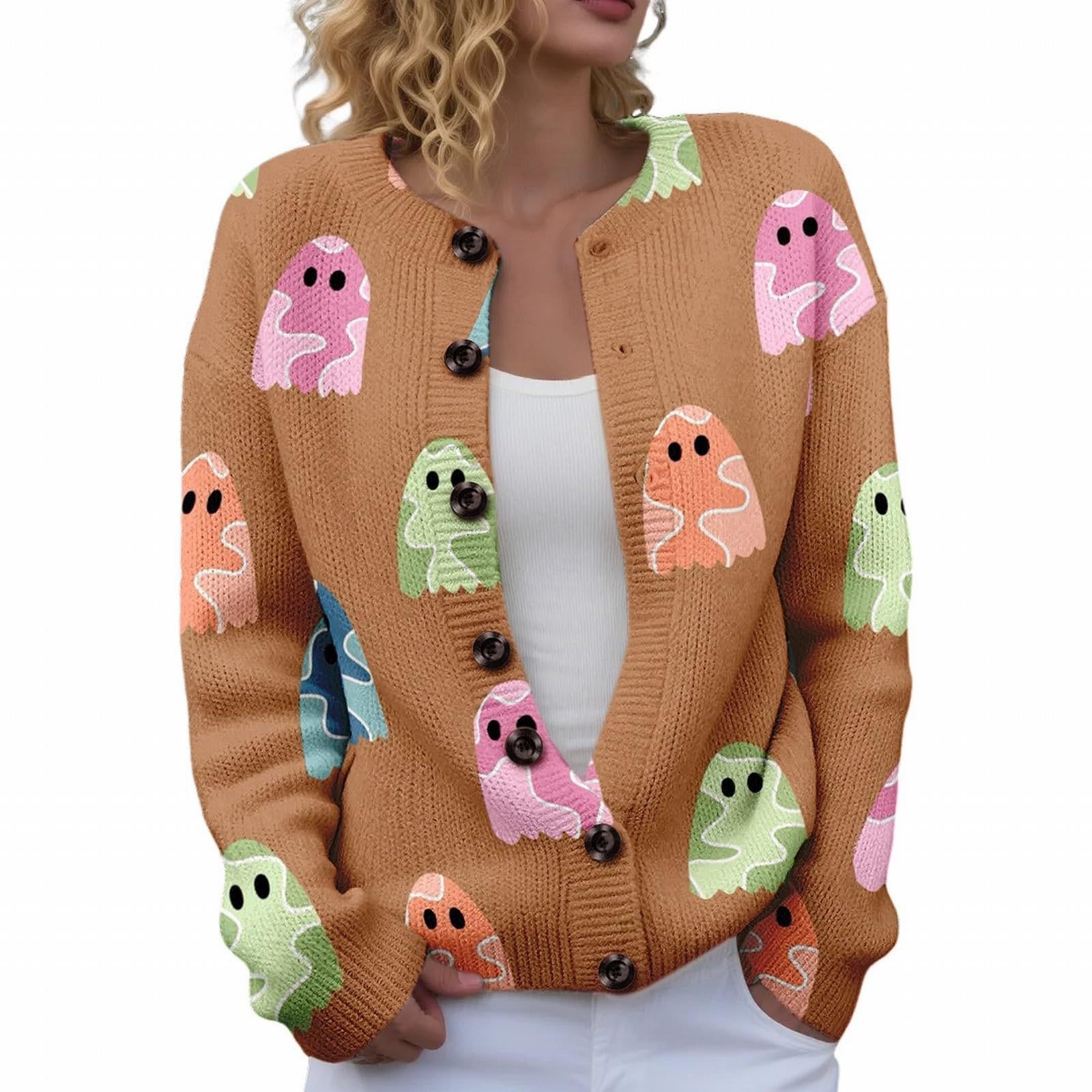 Women's Halloween Ghost Pumpkin Print Button Cardigan Sweater