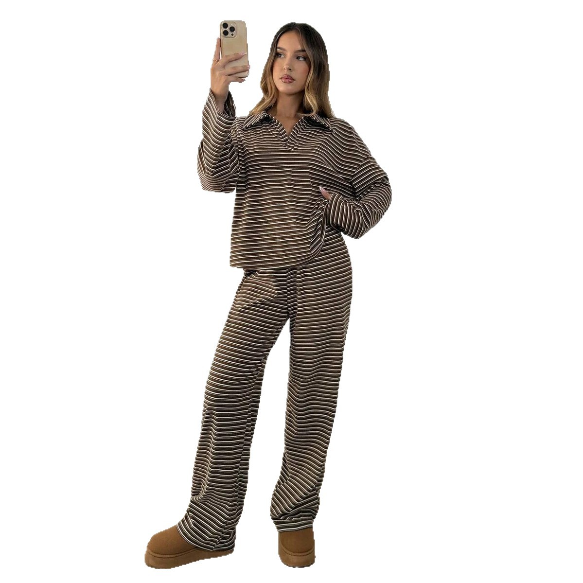 Color-Block Striped Collared Long-Sleeve Top & Wide-Leg Pants Loungewear Set