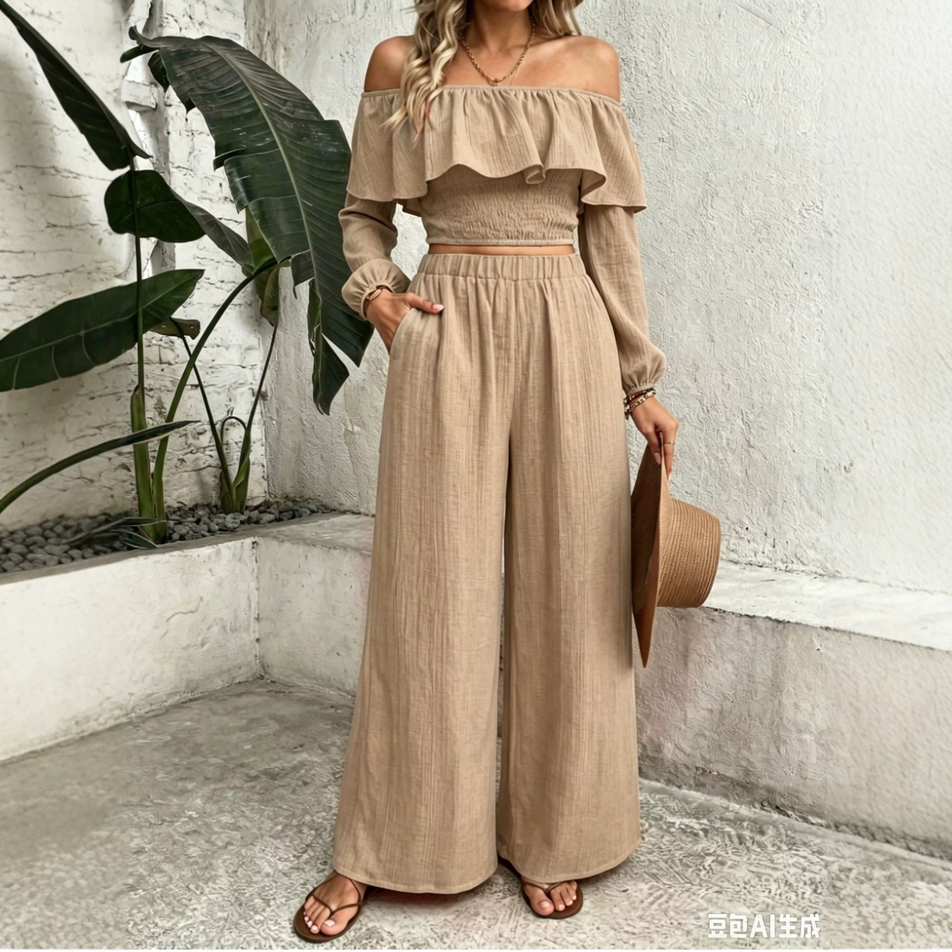 Women's Boho Off-Shoulder Ruffle Top & High-Waist Wide-Leg Pants Set