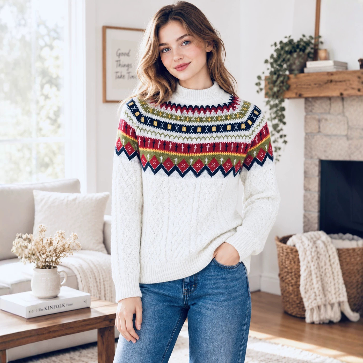Fair Isle Jacquard Cable Knit Half-Turtleneck Sweater Women Loose Pullover