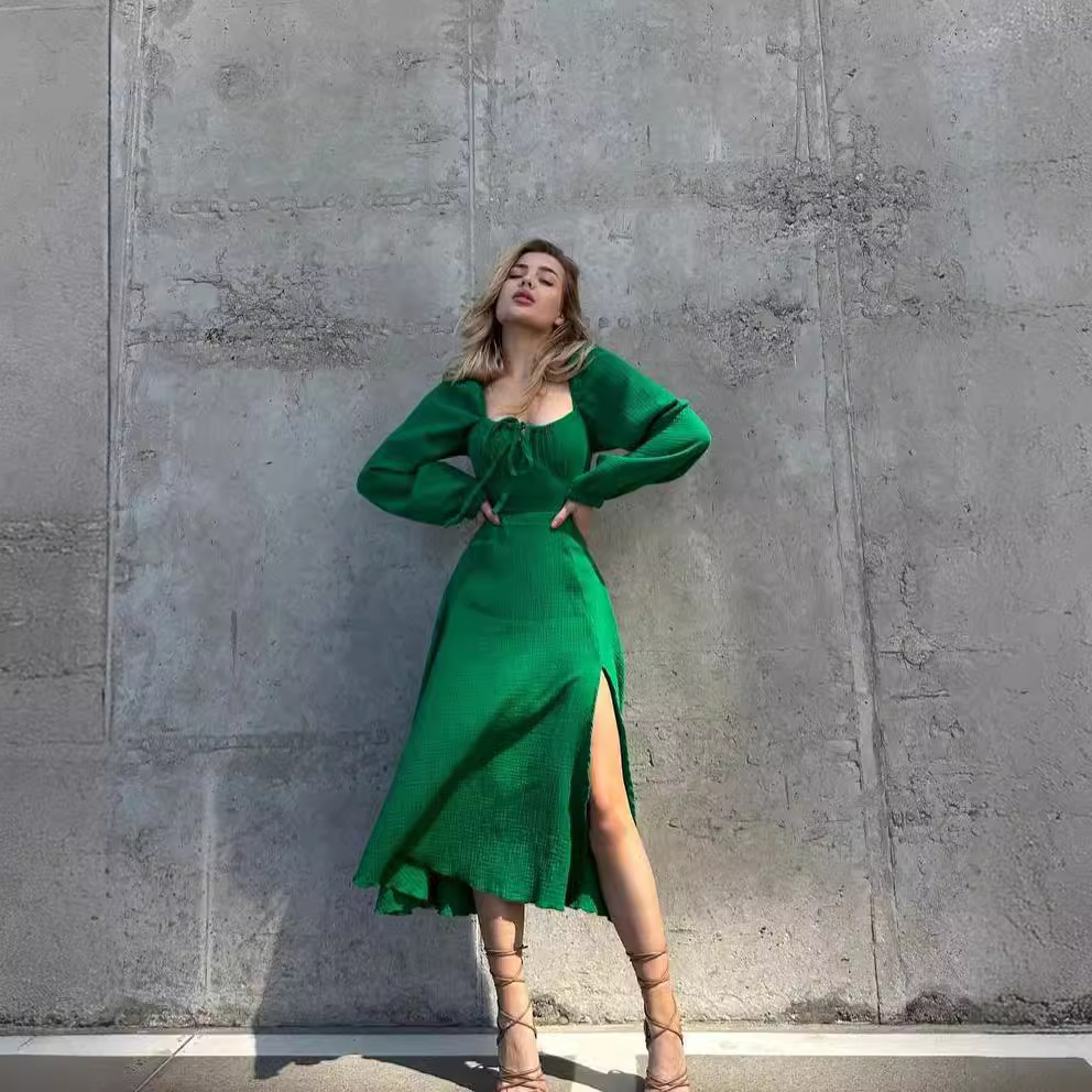 Women's Solid Square Neck Split Long Dress