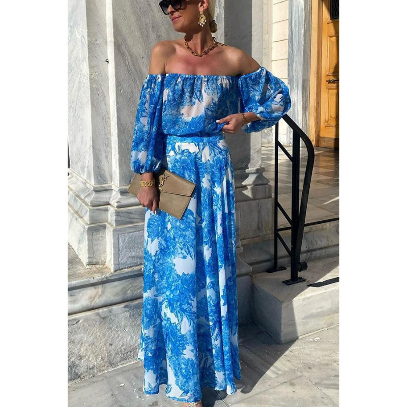 Off-Shoulder Floral Print High-Waist Elegant Midi Dress