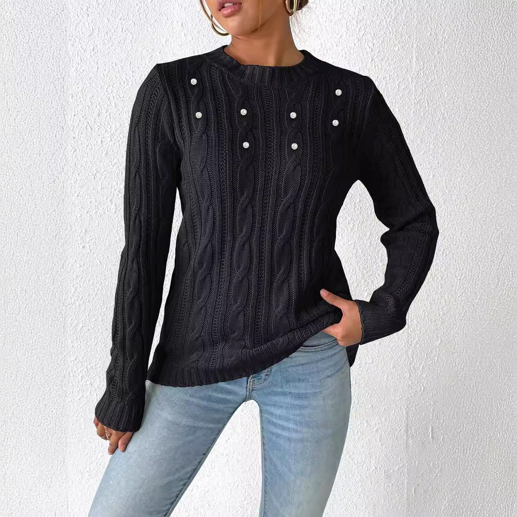 Women's Pearl Beaded Crewneck Knit Pullover Sweater