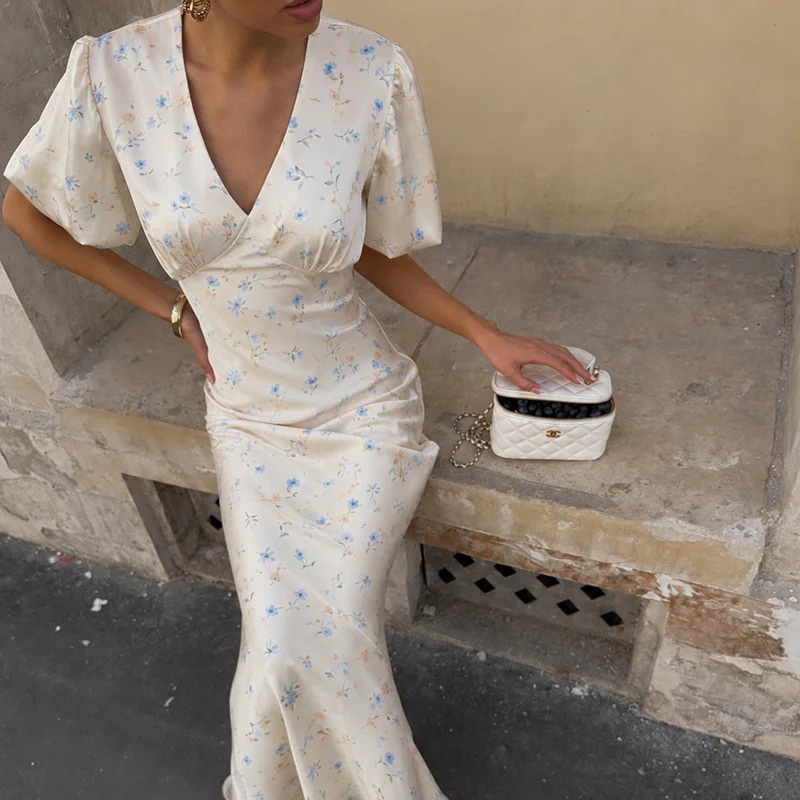 Women's Floral V-Neck High-Waist Midi Dress