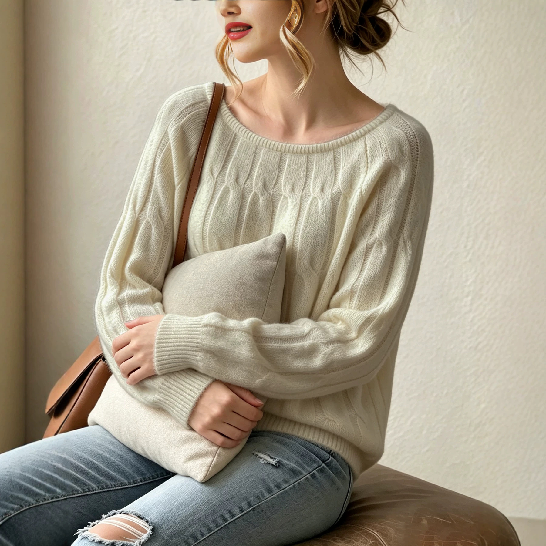 Women's Cable Knit Off-Shoulder Sweater Vintage Loose Raglan Sleeve Ribbed Hem