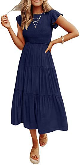Women's Flutter Sleeve Ruched Tiered Short Sleeve Swing Dress