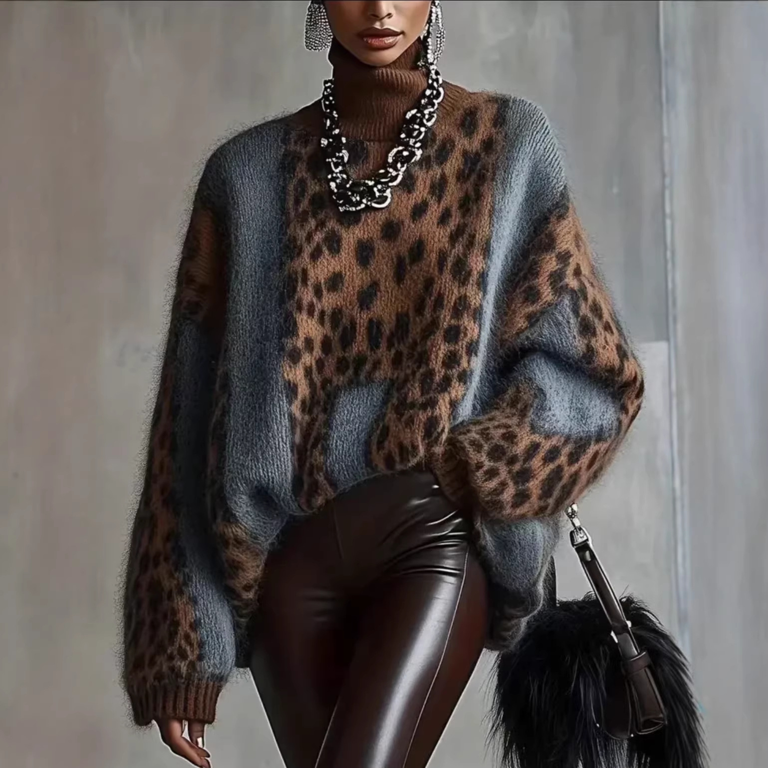 Leopard Print Knit Sweater Women's Loose High Neck Pullover