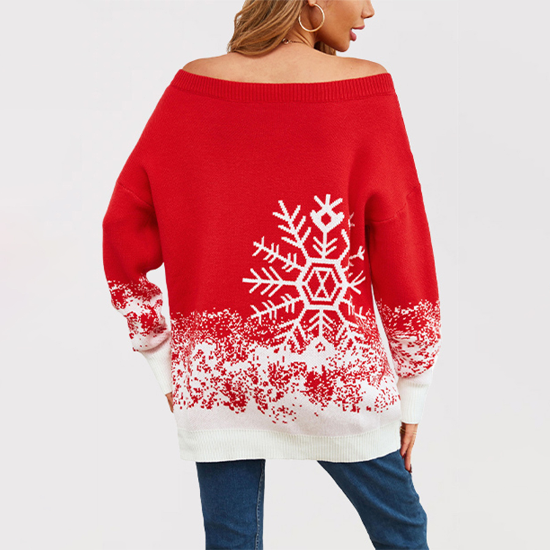 Snowflake Colorblock Off-Shoulder Christmas Sweater Plus Size