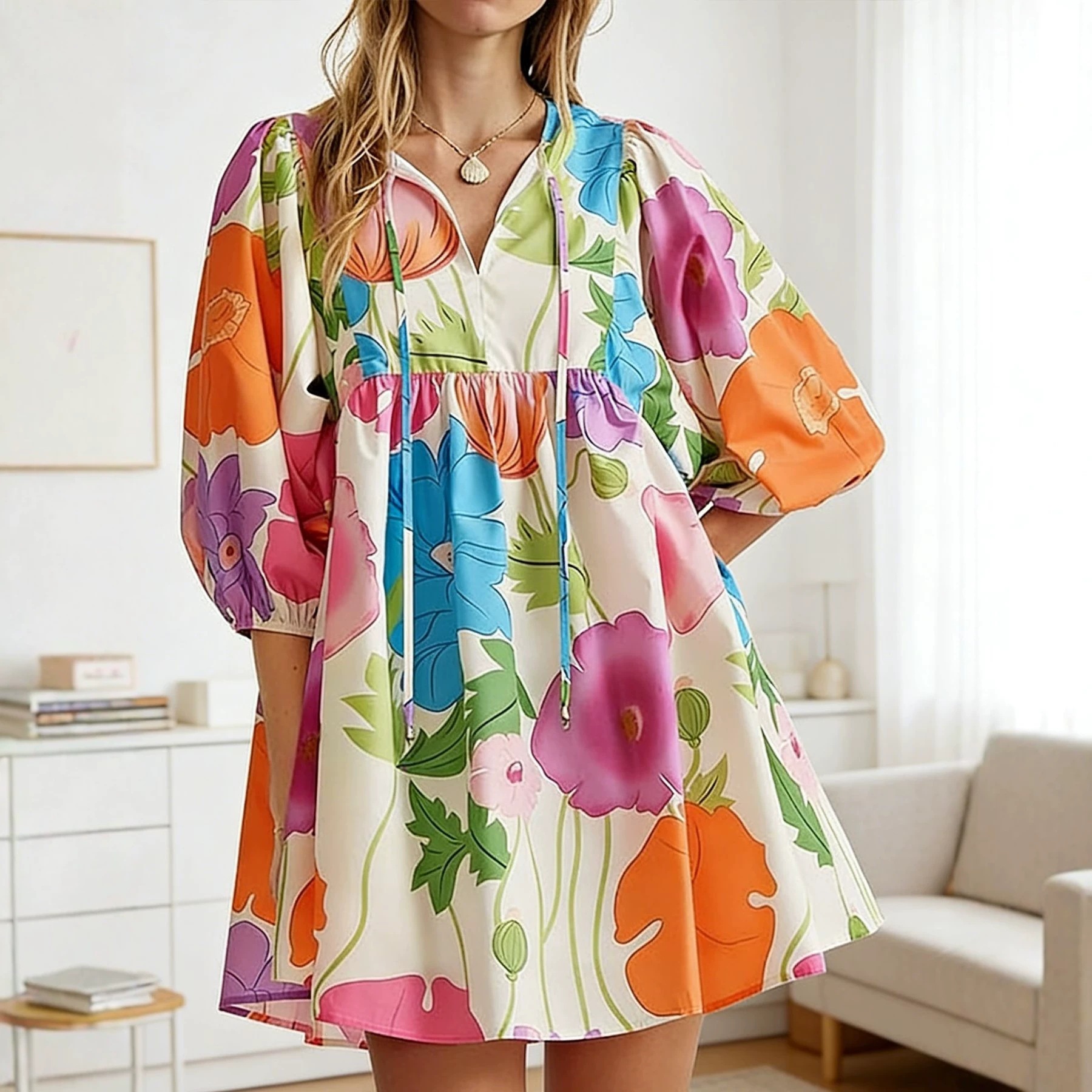 Colorful Floral Print V-Neck Tie Bubble Sleeve Loose Babydoll Dress