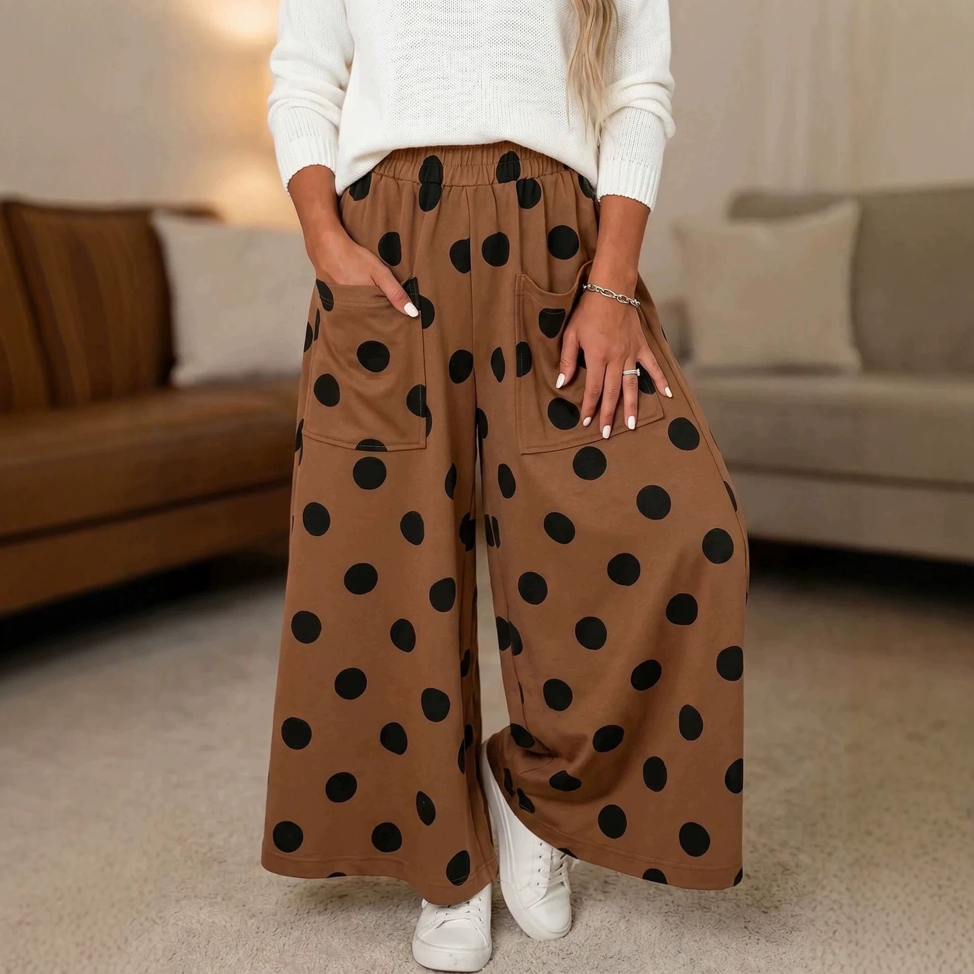High-Waist Polka Dot Wide-Leg Pants with Pockets