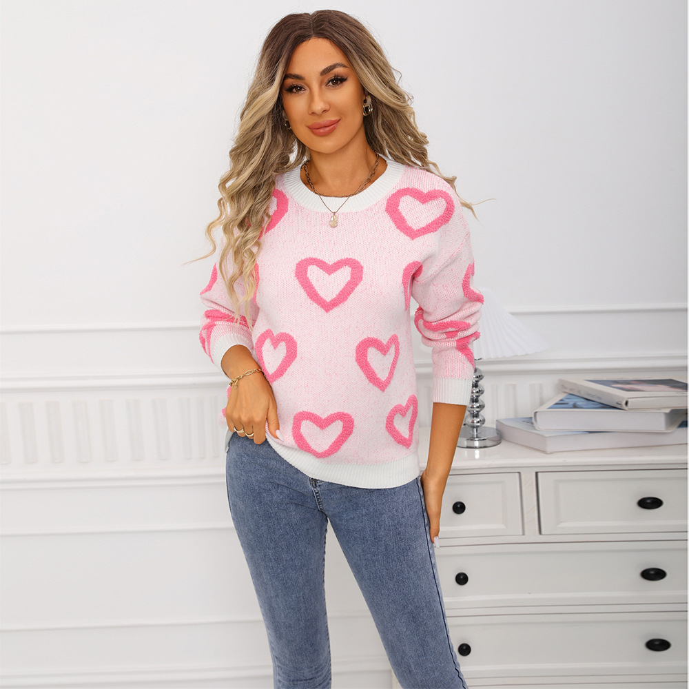 Women's Loose Crewneck Heart Colorblock Pullover Sweater