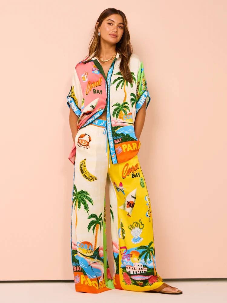 Fashion Print Colorblock Short Sleeve Tie Two-Piece Vacation Set