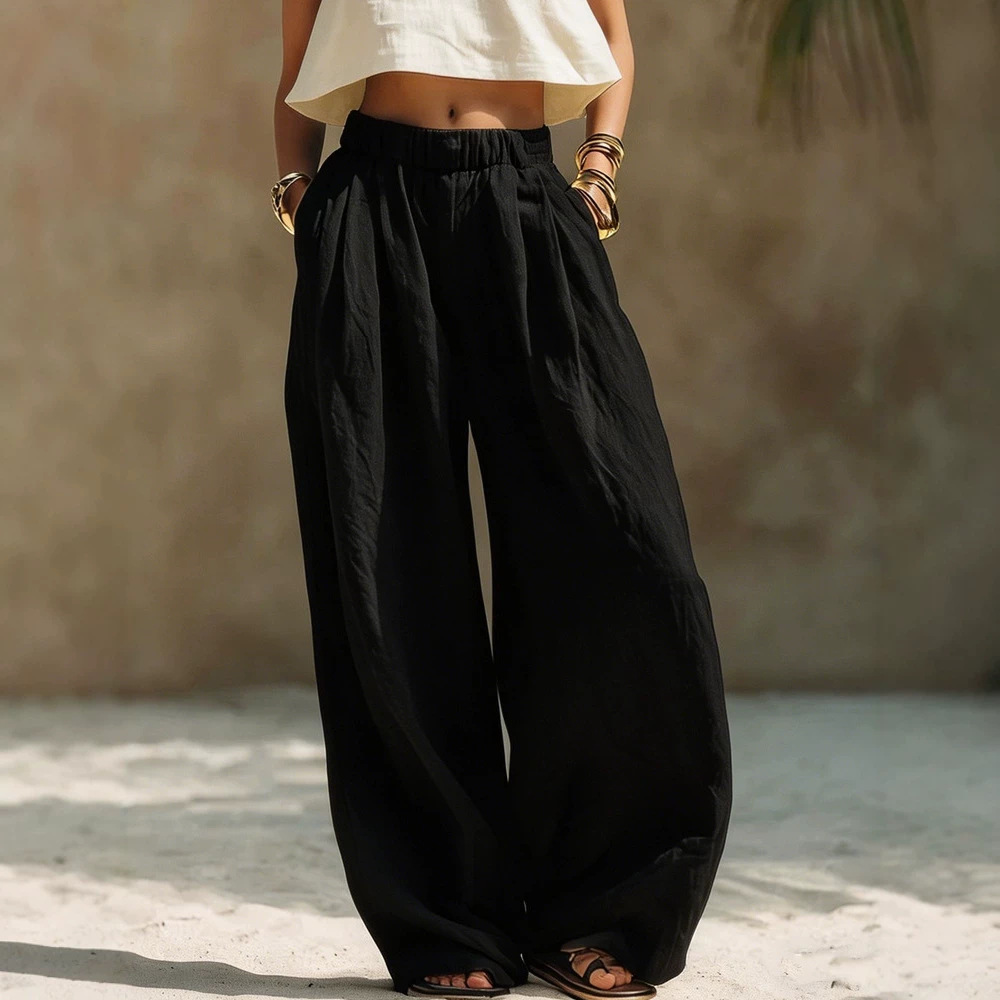 Women's Cotton-Linen Wide-Leg Pants Solid Color Elastic Waist Loose Casual