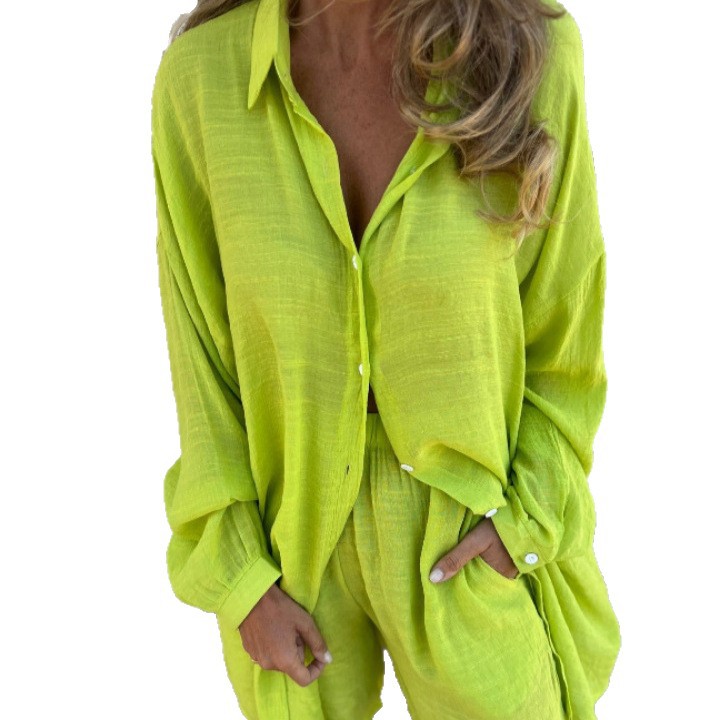 Women's Printed Long-Sleeve Collared Shirt and Shorts Set
