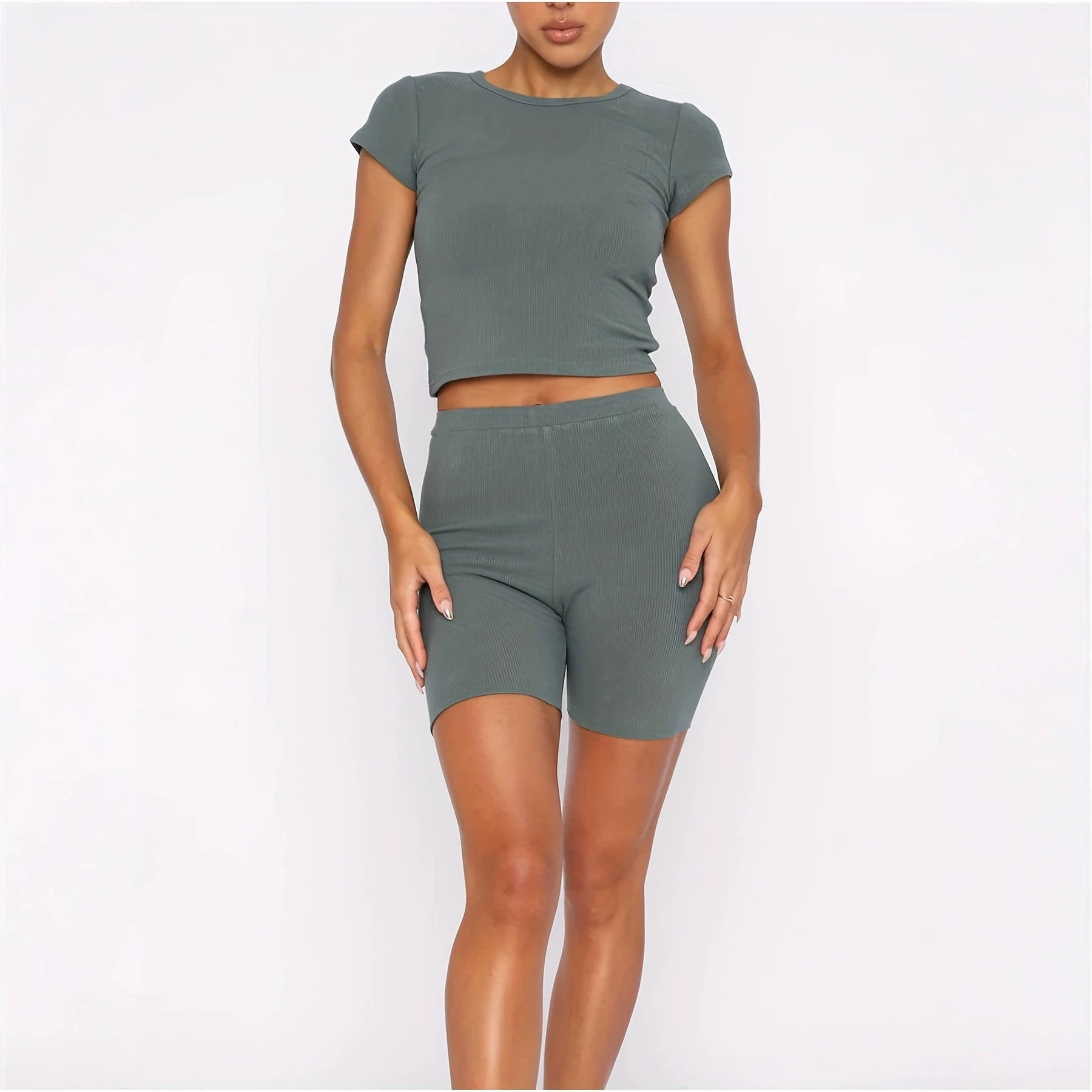 Women's Cropped Short Sleeve Ribbed Knit Top and Shorts Set Casual Sporty Two-Piece