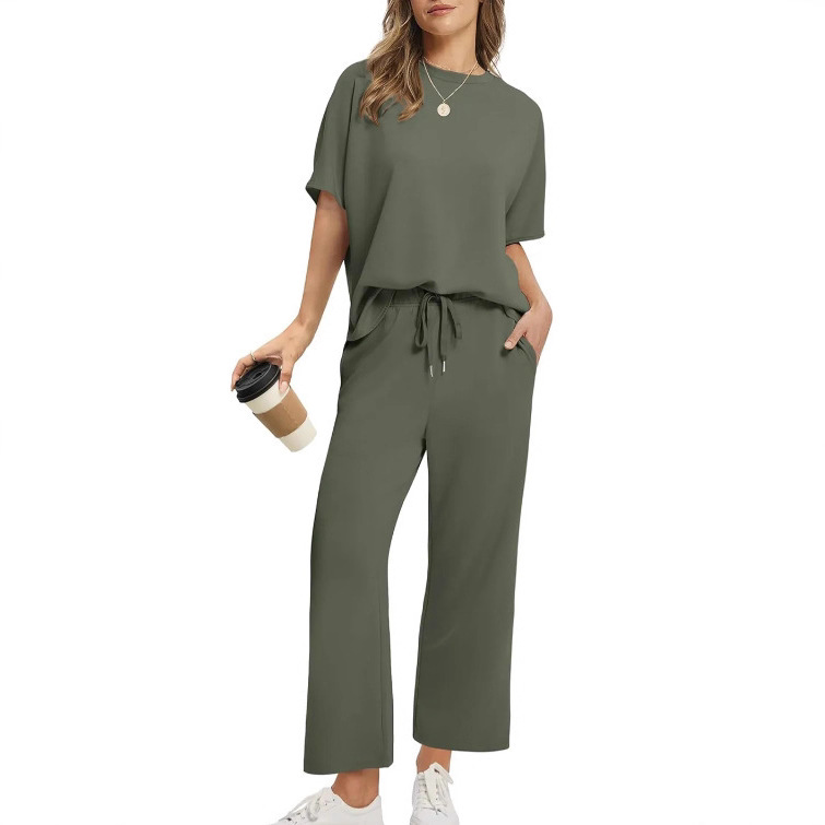 Women's Short Sleeve Top & Wide-Leg Cropped Pants Set