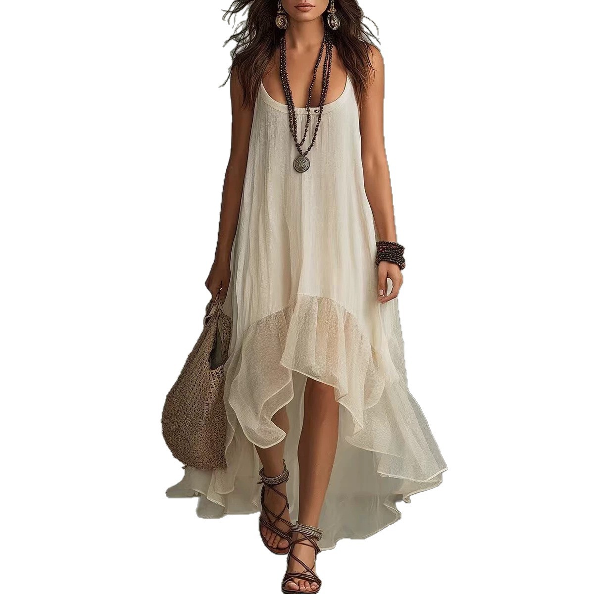 Boho Sleeveless U-Neck Midi Dress Solid Color Relaxed Fit