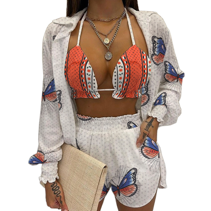Women's Sexy Strapless Butterfly Print 3-Piece Lounge Set