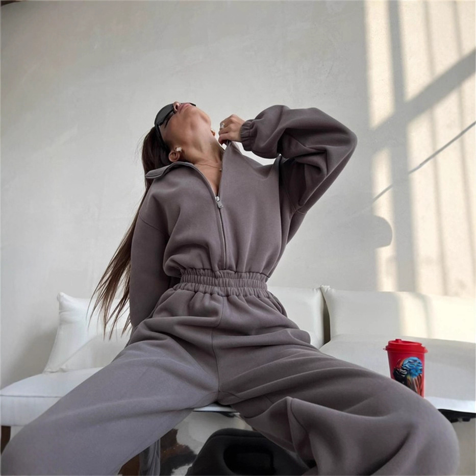 Women's Solid Color Long Sleeve Zip Neck Wide Leg Jumpsuit