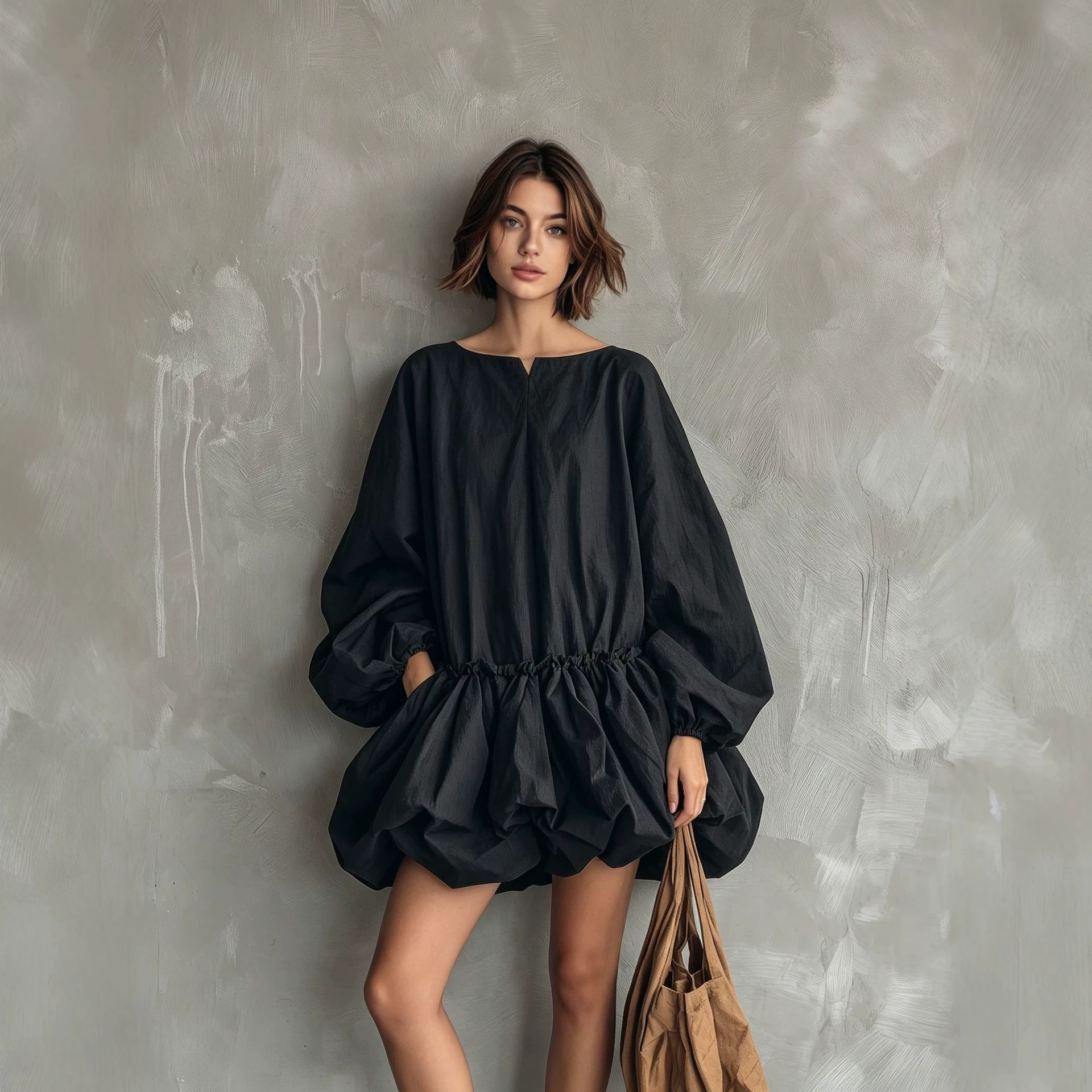 Solid Color Round Neck Puff Sleeve Long Sleeve Waist-Cinched Bubble Dress