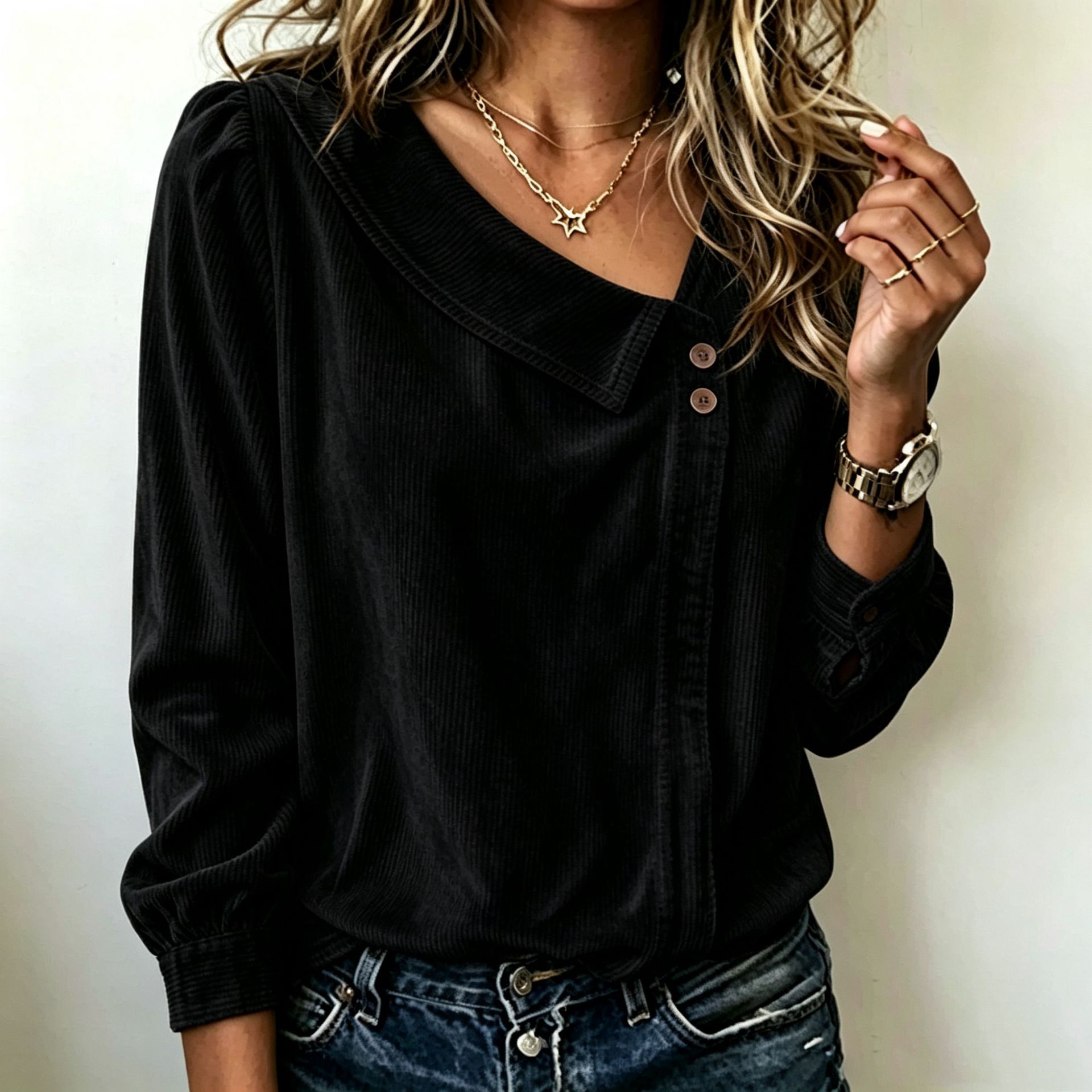 Corduroy Shirt Asymmetrical Slant Neck Long Sleeve Loose Casual Top